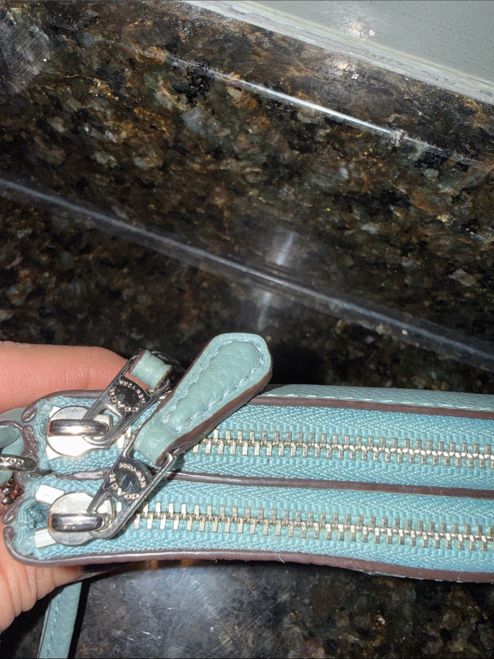 Coach double zip Pebble Leather Wristlet in Mint Blue - Picture 4 of 9